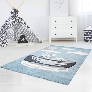 carpet city Kinderteppich Bueno Flachflor Konturenschnitt mit Tieren Hase Waschbär Boot in Blau für Kinderzimmer, Größe: 140x200 cm