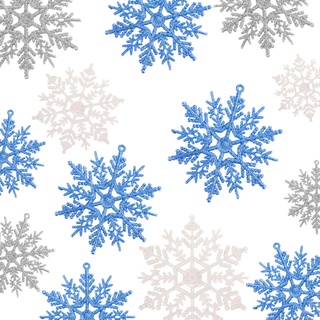 Syhood 48 Stück Schneeflocken Weihnachten Deko 4 Zoll Kunststoff Glitzer Schneeflocken Weihnachtsbaumschmuck Hängende Schneeflocken Ornamente für Weihnachtsbaum Hochzeit (Blau, Silber, Weiß)