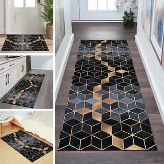 QQrunner Teppich Läufer Flur rutschfest 80x150cm Küchenteppich Schwarz Grau Gold Geometrisch Waschbar Meterware Schlafzimmer Korridor Teppichläufer Lang, Länge Anpassbare, 40-120cm Breit