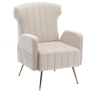 LVHOM Sessel Nadelstreifen Loungesessel (dicke Polsterung mit Samtbezug, golden Metallbeinen und 2 Seitentaschen, 1-St), für Wohnzimmer, Büro, Schlafzimmer, Wartezimmer, Lobbys beige