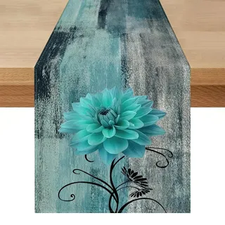 Tischläufer Blaugrün Blume Outdoor Wetterfest 40x140 Tischläufer Retro Bauernhaus Lotuseffekt Wasserabweisend Modern Tischdekoration für Küche Party Kaffee Urlaub