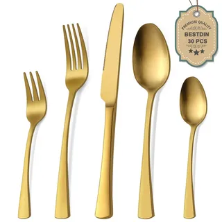 Besteck Set 6 Personen, 30 teilig Edelstahl Besteckset Matt Gold Essbesteck S...