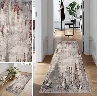 ZUZEKU Abstrakte Läufer Flur Küche Waschbar rutschfest 70X400cm Vintage Grau und Rot Lang Küchenteppich Flurteppich Teppich Fur Korridor Wohnzimmer Schlafzimmer Meterware Anpassbar