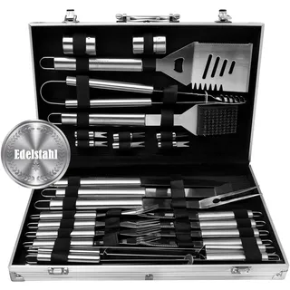 LEHMANN BBQ Grillbesteck Set, 26-teiliges Grillzubehör aus Hochwertiger Edelstahl, Tragbar Grillset im Koffer, Komplette Grillkoffer für Grillen & Kochen, ideal als Grill Zubehör Geschenk