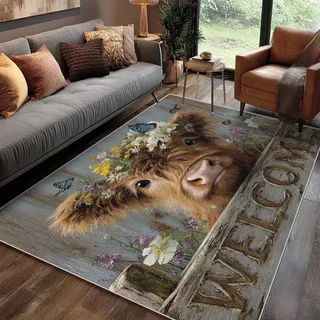Teppich Klein Hochlandrind Wohnzimmer 80 x 150 cm Mit Welcome Bauernhof Tiere Schmetterling Rustikal Muster, Hochlandrind Schlafzimmer Deko Bettvorleger, Kurzflor Rutschfest Waschbar Teppiche Gegend