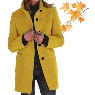 Wolljacke Damen Kurzmantel Übergang - Eleganter Damenmantel aus Tweed mit Stehkragen - Warme Winter Blazer für Business Casual - Wollmantel Damen Kurz & Lang - Mit Knöpfen und Taschen (Gelb,XL) - XL