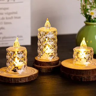 3 Stück Crystal Flameless Candle Light, Kristall Flammenlose Kerze Licht, LED Teelichter Flackernde, Flammenlose Teelichter Kerzen batteriebetrieben für Hochzeiten, Halloween, Weihnachtsdekor (Mix)