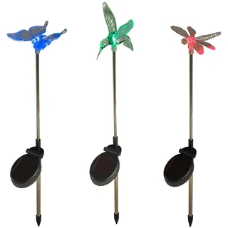 Lights4fun 3er-Set Solar-Stableuchten mit Libelle, Kolibri & Schmetterling | Gartendeko Solarlampen Lichter für Außen Outdoor Garten Balkon | Wegleuchten Gartenleuchten Sommer | Bunt | Höhe 75 cm