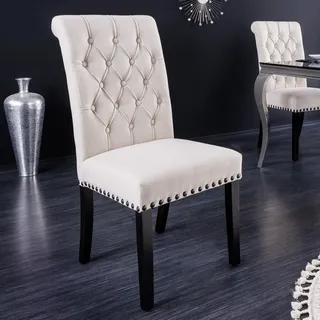 Design Stuhl CASTLE beige schwarz Strukturstoff Holzfüße Chesterfield Polsterung