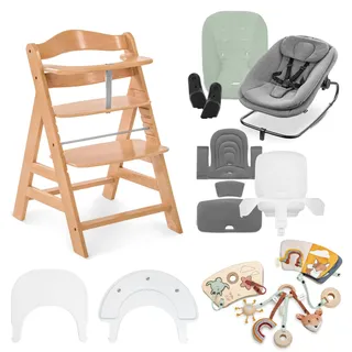 hauck All-in-One Baby Hochstuhl, Alpha Start N Grow Set Natural Dark Grey | Babywippe, Sitzverkleinerer, Sitzpolster, Klick-Essbrett, Spielbrett mit 3 Spielaufsätzen, Mitwachsend ab Geburt bis 90 kg