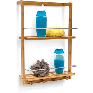 Relaxdays Duschregal Bambus HxBxT:53x38x15,5cm, 2 Ablagen, feuchtigkeitsresistent, Hängeregal mit 4 Haken, Natur