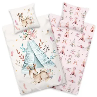 Aminata kids Bettwäsche REH 135x200 cm Mädchen 100% Baumwolle, Reißverschluss, Kinder-Wende-Bettwäsche-Set Indianer Tipi Pastell rosa