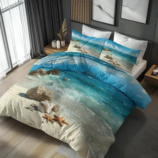 Generisch Meer Strand Bettwäsche 135x200 2tlg, 1 Kissenbezüge 80x80 - Seestern Muscheln Küsten Design Wendebettwäsche, Weiche Mikrofaser Bettbezug mit Reißverschluss, Deko & Geschenke R58