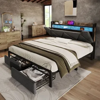 Flieks Polsterbett 160x200cm mit USB und Typ C, Stauraumbett Metallbett mit Lattenrost, Jugendbett Doppelbett mit LED und Schublade, Leinen, Grau - Grau