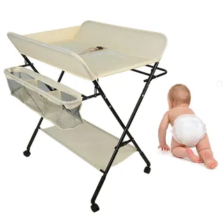 Homewell Baby Wickelkombi Wickelkommode, Mobile Wickeltisch Klappbar, mit Wickelauflage, Sicherheitsgurt, Ablagefächern, süßem Muster und Höhenangabe, Stabil und Bequem (Creme)