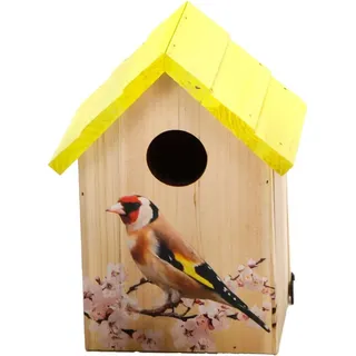 Vogelhaus aus Holz zum Hängen oder Stellen, Nistkasten für kleinere Vögel wie Spatzen, Meisen etc., seitlich zu öffnen, rundes Einflugfenster ... - Gelb/Bunt