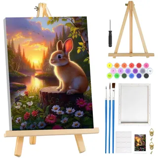 MOGTAA Ostern Kaninchen Malen Nach Zahlen Erwachsene mit Rahmen, Landschaft Malen Nach Zahlen Mit Holzstaffelei, DIY Ölgemälde Leinwand Set Acrylic Malerei Bilder für Home Dekor, 20x30cm