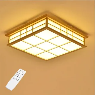 JINWELL LED Deckenleuchte Holz Lampe Square Holzlampe Eiche Deckenlampe Schlafzimmer Moderne Dimmung Leuchte Decke Licht Retro Holz Deckenleuchte Japanischer Stil Delicate Crafts 55x55x12cm 32w
