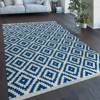 Paco Home Teppich Modern Marokkanische Muster Handgewebt Skandi Rauten Fransen Blau Weiß, Grösse:240x340 cm