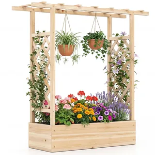 COSTWAY Blumenkasten mit Rankgitter, Pflanzkasten mit Rankhilfe & hängendem Dach, Hochbeet für Kletterpflanzen, hängende Körbe, Sichtschutz Pflanzkübel für Garten Hof Terrasse (110x35x114 cm, Natur)