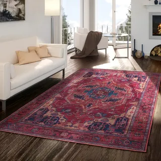 TT Home Wohnzimmer Teppich Esszimmer Waschbar Flachgewebe Used Look Marokko, Farbe: Rot 3, Größe:160 cm Rund
