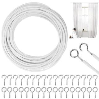 10M Vorhangdraht Weiß Gardinendraht, Curtain Wire Gardinenschnur | Kunststoffbeschichteter Gardinenseil Vorhangseile mit 25 Paar Schraubenösen und Haken, für Gardinenstangen Vorhänge