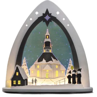 Lichterbogen WEIGLA "Seiffener Kirche, Weihnachtsdeko" Schwibbögen Gr. H/T: 53 cm x 9 cm, grau (grau, blau) Schwibbögen Weihnachtspyramiden in 3D Optik
