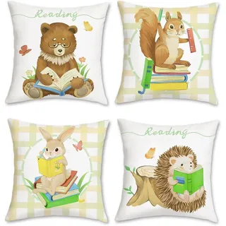 Set von 4 Tier Kissenbezügen 45x45 cm, Weiche Samt Kissenhüllen, mit Bär, Eichhörnchen, Hase, Igel