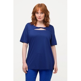 Ulla Popken Rundhalsshirt T-Shirt Drapierung Cut-Out V-Ausschnitt Halbarm blau 58/60