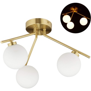 Relaxdays Deckenlampe GLOBI, 3-flammig, G9 Fassung, Kugeln aus Milchglas, Midcentury Lampe, H x D: 24,5 x 36 cm, gold