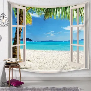 Mesnt Wandteppich Strand Groß, Tapisserie Fenster Öffnen Meer Natur Landschaft Wohnzimmer Schlafzimmer Picknickdecke Teppich Yogamatte Wanddeko (Blau Weiß, 260x240cm)