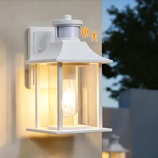 LMP Außenleuchte mit Bewegungsmelder, Retro Außenlampe Aussenlampe, 1XE27 | Wandleuchte Aussen mit Dämmerungssensor, Vintage LED Aussenleuchte Wand, Lampe Außen für Hauswand, Außenwandleuchte Weiß