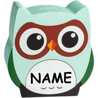 alles-meine.de GmbH große Spardose - Eule - aus Holz - incl. Name - mit Verschluss - 17 cm - Sparschwein - für Kinder & Erwachsene/Kinderspardose lustig witzig - Baby Geburt - ..