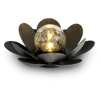Led Solar Lotusblüte Schwarz Mit Crackleglas Kugel - 24 X 10 Cm - Garten Deko Kugelleuchte Im Blumen Design - Gartenkugel Dekoleuchte Lotus Solarlampe Bruchglas