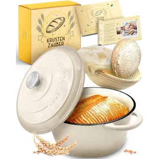 KRUSTENZAUBER Gusseisen Brotbacktopf 26 cm emailliert inkl. Gärkorb – Brotbackform mit Deckel, Brottopf, Schmortopf, Zubehör - Brotbacken - Creme