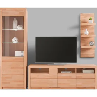 OTTO home Wohnwand Silkeborg: 3-teilig, Breite: 220cm, Griffmulden, Fronten Massivholz, (Set, 3-St), Set besteht aus 1Vitrine, 1Lowboard und 1Wandregal, Kabeldurchführung braun
