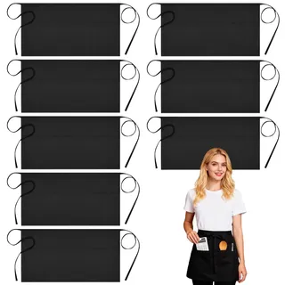 8 Stück Vorbinder Schürze, Schwarze Taillenschürze mit 3 Taschen, Wasserdicht Vorbinder Kellnerschürze, Kochschürze Damen Herren, Backschürze, Halbschürze Kurz für Kochen Restaurant Backen Bar