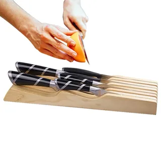 Walopola Messerblock-Organizer für Küchenschublade - Messerhalter aus Holz, Tablett in Braun für 7 Messer | Messerblock-Aufbewahrungs-Schubladen-Organizer-Einsatz für 7 Messer