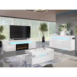 MIRJAN24 Wohnzimmer-Set Glossa II, (3er-Set, Kommode, TV-Lowboard mit Kamin, Couchtisch), mit blauer LED-Beleuchtung weiß