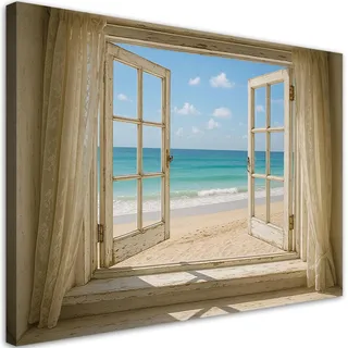 Feeby Wandbilder - Bilder Schlafzimmer - 45x30 1tlg - Wohnzimmer Bild Groß - Wohnungs - Foto Geschenk - Leinwand Wall Art - Wand Deko - Fensterblick Shabby Chic Strand