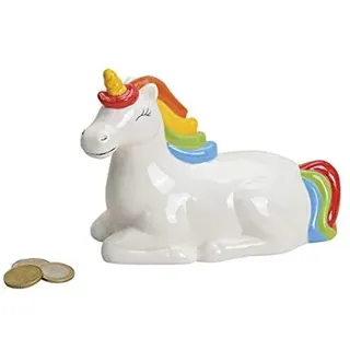 Wurm verspielte Mädchen Spardose Einhorn aus Keramik in weiß Regenbogen Mähne