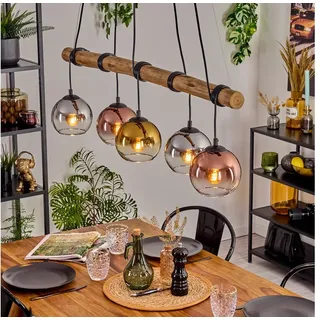 hofstein Pendelleuchte Hängelampe mit Glasschirmen in Chrom/Rauch/Gold/Kupfer/Klar, ohne Leuchtmittel, Hängeleuchte im Retro/Boho Design aus Metall mit Holzbalken, E27 beige