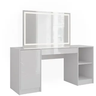 Vicco Schminktisch Sherry, Weiß/Weiß Hochglanz, 158.2 cm mit LED-Spiegel (158.20 x 50.10 x 76