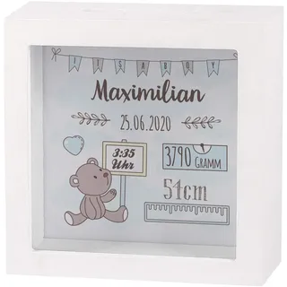 Striefchen® Spardose zur Geburt eines Kindes mit Namen und Geburtsdatum als Geldgeschenk Teddy Blau