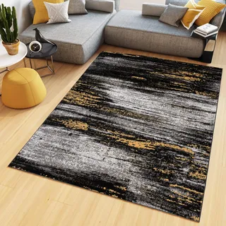 TAPISO Maya Teppich Kurzflor Modern Verwischt Meliert Streifen Design Schwarz Grau Gelb Weiß Wohnzimmer Schlafzimmer ÖKOTEX 120 x 170 cm
