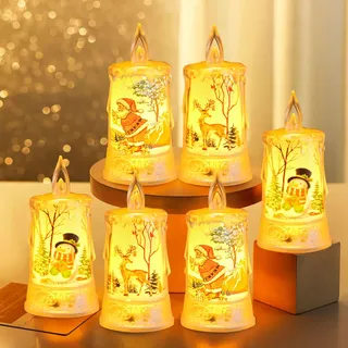 Led Kerzen Weihnachten, Weihnachtsdeko Flammenlose LED Teelichter Led Kerzen Flackernde Flamme Teelichter Kerzen Motiv Batteriebetrieben Elektrische Kerzen mit Weihnachtsmuster für Weihnachten (6pcs)