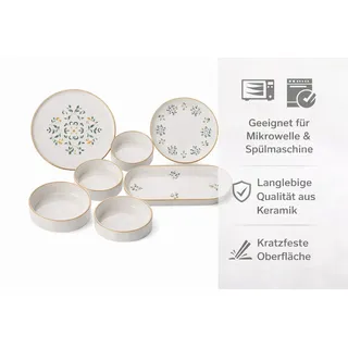 Hermia Concept Frühstücks-Geschirrset 6 Tellern, 2 Platten und 6 Schüsseln Dieses Set 100 % Keramik (14-tlg), 6 Personen, Keramik, Steinzeug, spülmaschinenfest und mikrowellengeeignet grün|weiß
