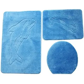 ILK Gökyildiz Delphin Bad Teppich Set 3 Teilig 55cm X 85cm ohne Auschnit gerade für Hänge WC (Blau)