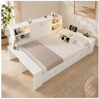 MODFU Stauraumbett 140x200 cm mit Stauraum und USB- und Type-C-Anschlüssen (Tagesbett, Doppelbett & Jugendbett, 1-tlg., Weißes Holz-Tagesbett mit Schubladen, Integrierte Doppeltüren), Ideal als Stauraum- & Jugendbett, ohne Matratze weiß 183 cm x 237 cm x 100 cm