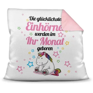 Print Royal Personalisiertes Geburtstags-Kissen mit Monatsangabe - Glückliches Einhorn - Geschenkidee/Deko-Kissen / 40x40 / Tiermotive/TOP-Qualität - Rückseite Altrosa inkl. Füllung
